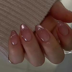 24 stuks opdrukbare nagels - Franse glanzende nageltips met lijm for nagelkunst for vrouwen en meisjes(Nude Cat Eye)