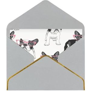 Wenskaarten Kaarten Met Enveloppen, Parelmoer Papier Vakantie Kaarten, Dank U Kaarten, Zwarte Frenchie Cartoon Franse Bulldog Roze Bril Witte Hond