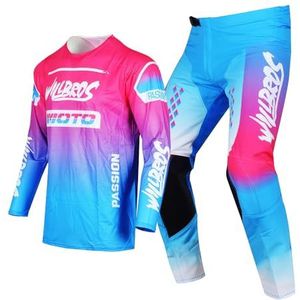 Willbros Jeugd Kinderbroek T-shirt Combinatie Motocross Fiets MX Tricot Motorfiets Enduro, Blauw roze, Camiseta YM Pantalones 22