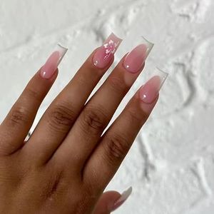 MouyouGlow Press-on nagels, lang, vierkant, roze, wit, Franse perzikbloesem, bloemendesign, kunstnagels met nagellijm, roze basis, witte tips, zomer, zoete kunstmatige vingernagels