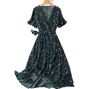 voor vrouwen jurk Plus dezesy jurk met riem en vlindermouwen met bloemenprint (Color : Dark Green, Size : 0XL)