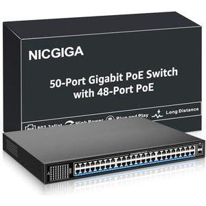 NICGIGA 48 Port Gigabit PoE Switch Unmanaged met 48 poorten IEEE802.3af/at PoE @400W, 2 x 1G SFP, 50 Port Network Power Over Ethernet Switch, Desktop/Rackmount