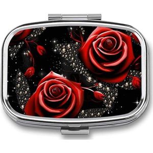 Rode rozen en sterren pillenetui met 2 compartimenten, pillenorganizer, draagbare vierkante pillendoos, vitaminepillenorganizer voor zakportemonnee en reizen