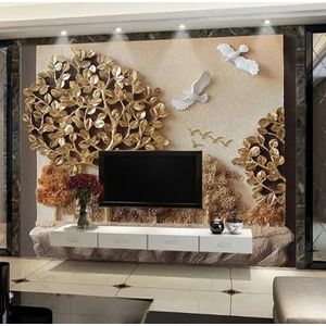 Reliëf Gouden Boomvogelkunst 3D Behang Huis Kantoor Home Eetkamer Bank Slaapkamer Woonkamer TV Achtergrond Muur-250cm×170cm