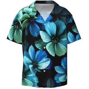 TyEdee Blauwe bloemenprint heren korte mouw overhemden met zak casual button down shirts business shirt, Zwart, L