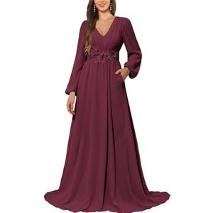 KURFACE Bruidsmeisjesjurk met lange mouwen en zakken, kanten applicatie, chiffon, moederjurk van de bruid, Woestijnroos, 38