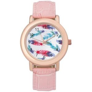 Aquarel Veren Womens Lederen Band Elegante Lady Horloges Casual Band Drie Hand Horloge