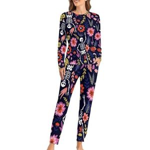 Dansende skeletten in de bloementuin zachte damespyjama met lange mouwen warme pasvorm pyjama loungewear sets met zakken 6XL