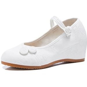 Dames Exquise Jacquard Geborduurde Schoenen Chinese Stijl Oud Peking Stoffen Schoenen Comfort Puntige Neus Verborgen Hoge Hak Wedge Schoenen Casual Enkelband Schoenen(White,40 EU)