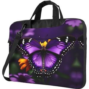 SSIMOO Gekleurde strepen verticale stijlvolle en lichtgewicht laptop messenger bag, handtas, aktetas, perfect voor zakenreizen, Paarse Vlinder en Bloem, 14 inch