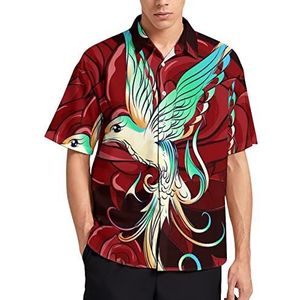Kolibrie En Rode Roos Hawaiiaans Shirt Voor Mannen Zomer Strand Casual Korte Mouw Button Down Shirts met Zak