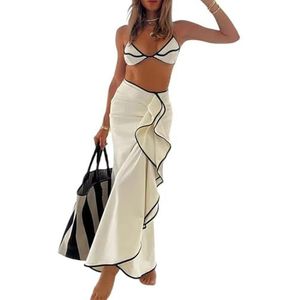 HFYRBDKSPI 3-delige badpakken voor dames Halter Triangle String Bikini Set met Cover Up Ruffle Maxi Rok,Wit,L