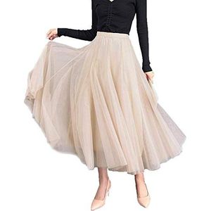 N/D dames dames A-lijn tule rokken lange tule rok één maat elegante bruiloft tutu maxi rokken tülrock voor bruiloft (kleur: beige, maat: Einheitsgröße)