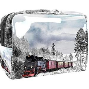 Make-up tas PVC toilettas met ritssluiting waterdichte cosmetische tas met winter landschap trein sneeuwbomen voor vrouwen en meisjes