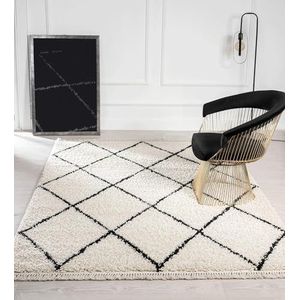 the carpet Bahar Shaggy hoogpolig woonkamer tapijt (35 mm) ruitpatroon crème/zwart 80 x 250 cm