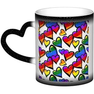 XDVPALNE Regenboog gekleurde harten bedrukt, keramische mok warmtegevoelige kleur veranderende mok in de lucht koffiemokken keramische beker 330 ml