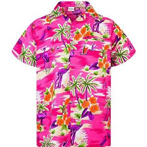 Funky Hawaiiaans Overhemd, Hawaii-Overhemd, Korte Mouw, Flamingos OLD, Roze, L