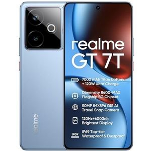 realme GT 7T 5G Smartphone, 12 GB + 512 GB, Dimensity 8400-MAX 5G chipset, 7000 mAh batterij, 120 W lading, 50 MP IMX896 OIS camera, 120 Hz 6000nit display, IP69, blauw rr