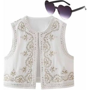 Dames bloemen geborduurd vest top, mouwloos open voorkant cropped blouse vintage vest(Color:White,Size:L)