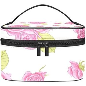 Roze rozen patroon met gestreepte make-up organizer tas, reismake-up tas organizer case draagbare cosmetische tas voor vrouwen en meisjes toiletartikelen, Meerkleurig, 22.5x15x13.8cm/8.9x5.9x5.4in