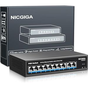 8-poorts PoE-switch met 8 poorten 100Mbps PoE+@120 W + 2*Gigabit Uplink-poort, NICGIGA 10-poorts 802.3af/at Power Over Ethernet-netwerkswitch onbeheerd, VLAN en 250m extender-modus