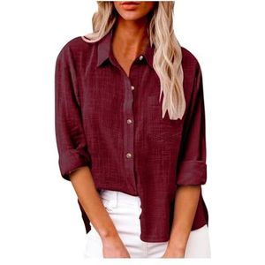Dames katoenen linnen button-down overhemd 2024 lente casual effen kleur shirts met lange mouwen losse werktops met zakken(Color:Burgundy,Size:4XL)
