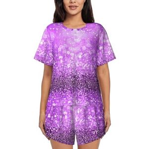 Sprankelende paarse glitter print dames zomer zachte tweedelige bijpassende outfits korte mouw pyjama lounge pyjama sets, Zwart, M
