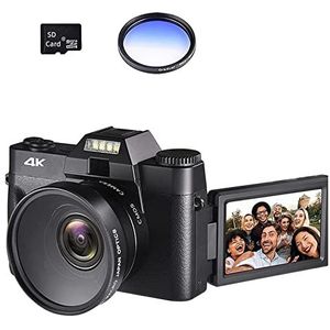 Videocamera, Groothoek Macro Lens Foto Camera for Selfie 48MP Digitale Camcorder 16X Zoom Webcam Autofocus Fotografie Recorder(32G TF Card,With Lens Fliter)