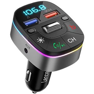 LENCENT Bluetooth 5.0 Auto FM Transmitter, QC3.0 Autolader FM-zender, AUX Bluetooth Radio Adapter, Draadloze Dubbele Microfoons en Diepe Bas, Ondersteunt Handsfree Bellen, Siri, Google Assistant