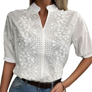 Zomer Bloemen Borduren Kanten Blouse Mode Vrouwen V-hals Casual Shirt Chique Korte Mouw Uitgeholde Tops Elegant