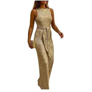 KWTF Jumpsuit Vrouwen Zomer Mode Glitter Ronde Hals Mouwloos Sexy Backless Pailletten Skinny Lange Party Jumpsuit met Riem