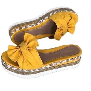Iryreafer Reisschoenen dikke zool slippers dames zomer platform wig met strik decoratie kunstleer voering rubber ademend ontwerp, Geel, 37 EU
