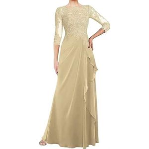 WSEYU Moeder van de bruid jurken voor bruiloft lange 3/4 mouwen kanten applicaties geplooide moeder van bruidegom jurken ronde hals, Champagne, 34
