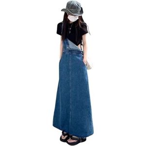 QOUERUUE Casual A-Lijn Denim Overalljurk voor Dames Verstelbare Bandjes Op De Rug Split En Gerafelde Zoom Schort Maxi-Jurk Met Borststuk En Trui,Blauw,3XL