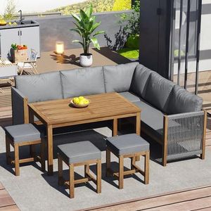 Aunlva Event Sofa Eettafel en Kruk Set met comfortabele kussens, Terrasmeubels, Outdoor Tafel en Stoelset voor 7-8 Personen, Outdoor Tafel en Stoelen, Acacia Grijs