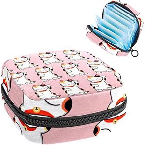 Leuke Japan Lucky Cats Kitty Roze Achtergrond Print Periode Tas voor Tiener Meisjes Vrouwen Dame, Maandverband Opbergtas met Rits Nylon Draagbare Opslag Menstruatie Pad Tas
