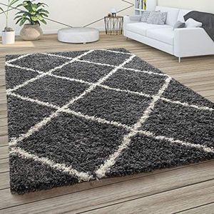 Hoogpolig tapijt, zachte shaggy voor de woonkamer in Scandinavische stijl met ruitmotief, Maat:300x400 cm, Kleur:Antraciet