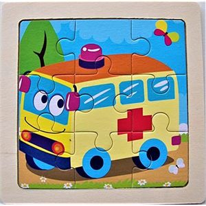 Houten Puzzel - 9 stukjes - Montessori - Vervoer (Ambulance)