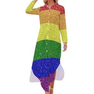Regenboog vlag Gay Pride dames maxi-jurk lange mouwen knopen overhemd jurk casual feest lange jurken 5XL