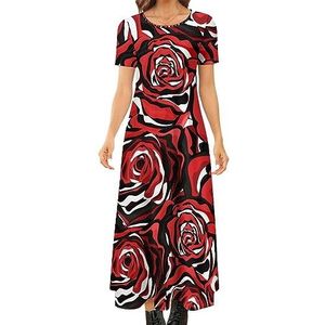 Roses in zwart-wit dames zomer casual korte mouw maxi-jurk ronde hals bedrukte lange jurken XS