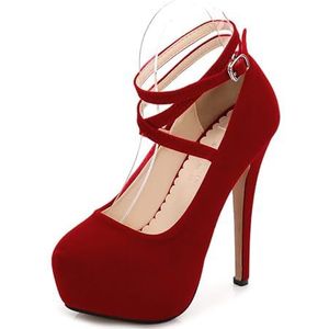 FamMe Womens Suede Pumps Cross Enkelbandjes Platform Stiletto Hoge Hakken Ronde Gesloten Teen 5.5 inch Hakken voor Jurk Bruiloft Feest, Rood, 42 EU