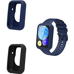 QINOUK [2 stuks] Hoesje voor Huawei Watch Fit 2, [Anti-drop] Eco-vriendelijke zachte siliconen gedeeltelijke bescherming, slank en lichtgewicht, dunne hoes bumper compatibel met Huawei Watch Fit 2-zwart/blauw