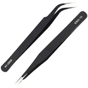 2 stuks ESD roestvrij staal precisie pincet precisie antistatisch roestvrij staal, ESD pincet set voor computer, elektronische reparaties, sieraden, laboratorium, precisiewerk