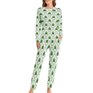 Groene wiet blad patroon zachte dames pyjama lange mouw warm fit pyjama loungewear sets met zakken 3XL