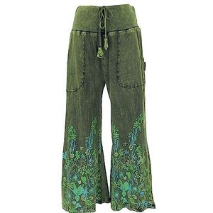 GURU SHOP Palazzobroek, katoenen broek, hippiebroek met bloemen, wijde broek, dames, katoen, alternatieve kleding, groen, 42