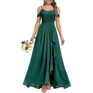 HPPEE Dames V-hals koude schouder bruidsmeisjes jurken met split ruches chiffon formele avondjurk, Pauw, 32