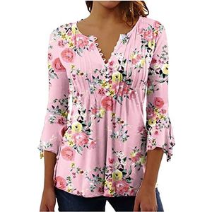 beetleNew Dames knoop V-hals tuniek tops henley shirts elegante geplooide voorkant 3/4 mouw bloemen blouse lange T-shirts voor leggings verkoop, mode dames tops UK, roze, XL