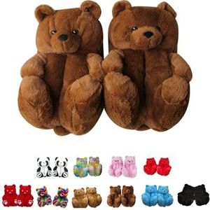 EHOTER Pluche teddybeerpantoffels voor dames, teddyberen, pantoffels, donzige dierenpantoffels, pluche, voor binnen, warm, winter, all-inclusive huispantoffels voor dames en heren, Bruin, one size