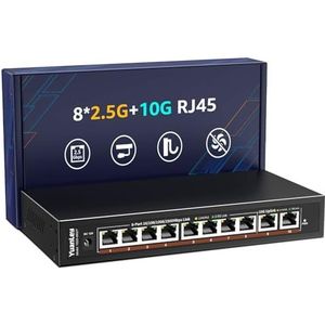 10-poorts 2,5G Unmanaged Ethernet-switch, 8 x 2,5G Base-T-poorten, 2 x 10G RJ45, compatibel met 100/1000/2500Mbps, VLAN, desktop-/wandmontage, YuanLey 2,5 Gbe netwerk-switch voor Wireless AP, NAS, pc