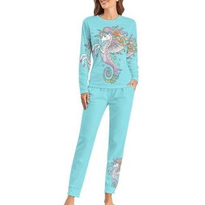 Seahorse Eenhoorn Fantasie Zachte Dames Pyjama Lange Mouw Warme Fit Pyjama Loungewear Sets met Zakken 3XL